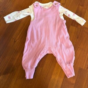 Burt's Bees Pink-Purple Ribbed Baby Overalls with Printed Long Sleeve Top
